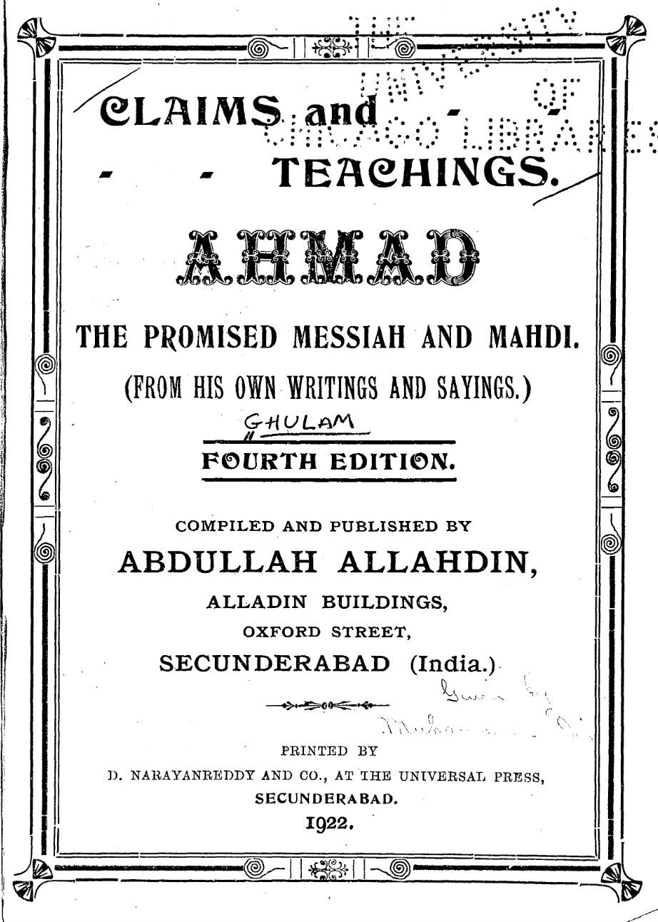 Claims and Teachings - Ahmad The Promised Messiah and Mahdi